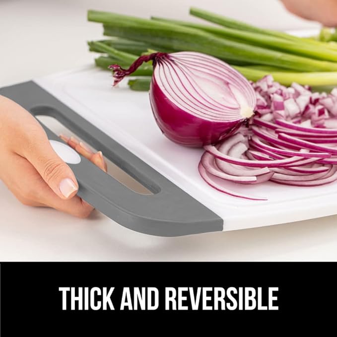 GORILLA GRIP 100% BPA-Free Reversible Kitchen Cutting Board Set of 3, Nonporous, Juice Grooves to Catch Liquid, Slip Resistant Handle Border, Dishwasher Safe, Durable Large Food Chopping Boards, Gray