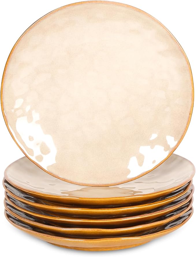 vicrays Ceramic Dinner Plates Set, 10.5 Inch, Set of 6, Round, Microwave, Oven, Dishwasher Safe, Porcelain Fluted Suitable for Steak, Pasta, Pizza, Home, Party, Restaurant (Beige)