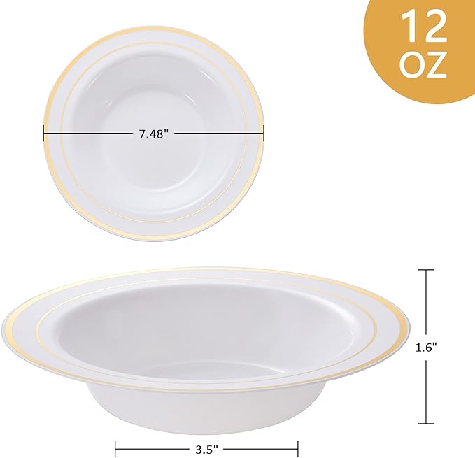N9R 60PCS Disposable Plastic Bowls with Gold Rim, 12 oz Fancy White Plastic Bowls, Premium Dessert Salad Bowls Perfect for Party, Wedding and Everyday Use