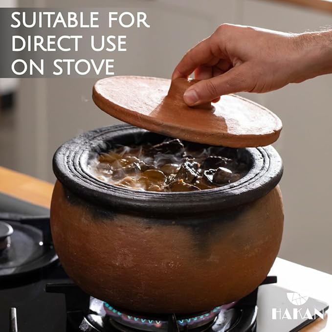 Hakan Efes Terracotta Cooking Pot with Lid, LARGE 4.4 Quarts Clay Pots for Cooking, Rice Pots, UNGLAZED Twice Baked Traditional Casserole for Cooking on STOVE Top, Vintage Roaster, 142 oz (4.2 L)