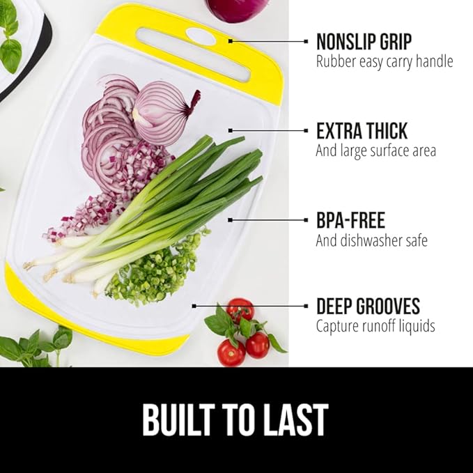 GORILLA GRIP BPA-Free Reversible Kitchen Cutting Board Set of 3, US Designed, Nonporous, Juice Grooves Catch Liquid, Slip Resistant Border, Dishwasher Safe, Durable Large Food Chopping Boards, Yellow