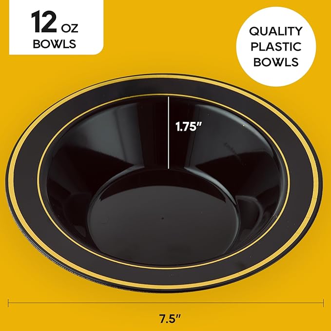 JOLLY PARTY 100PCS Black Plastic Bowls with Gold Rim-12oz Disposable Soup Bowls, Christmas Thanksgiving Premium Dessert Salad Bowls for Wedding/Party/Halloween