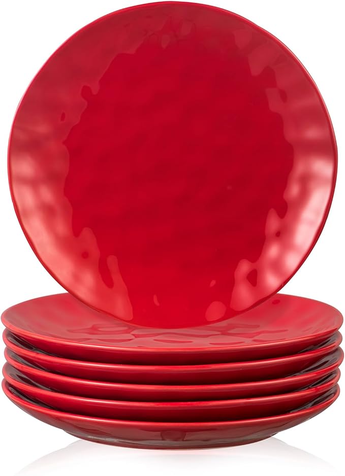 vicrays Ceramic Dinner Plates Set, 10 Inch, Microwave, Oven, Dishwasher Safe, Round, Porcelain Fluted Suitable for Steak, Pasta, Pizza, Home, Restaurant - Set of 6 Red