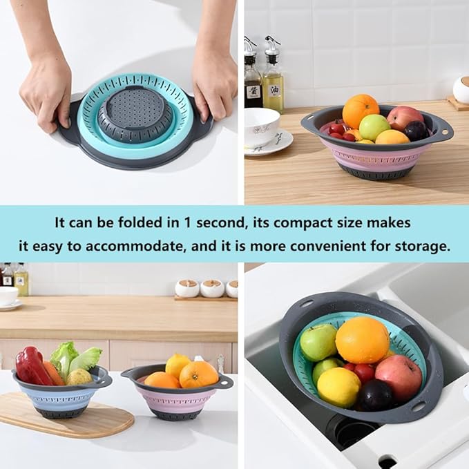 Collapsible Colander and Strainer,Silicone Strainer Colanders & Food Strainers,for Vegetable and Fruit, Kitchen Essentials (3, Green, 1.3L+2.1L+2.5L)
