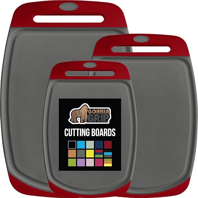 GORILLA GRIP BPA-Free Reversible Kitchen Cutting Board Set of 3, US Designed, Nonporous, Juice Grooves Catch Liquid, Slip Resistant Border, Dishwasher Safe, Durable Large Food Chopping Boards Red Gray