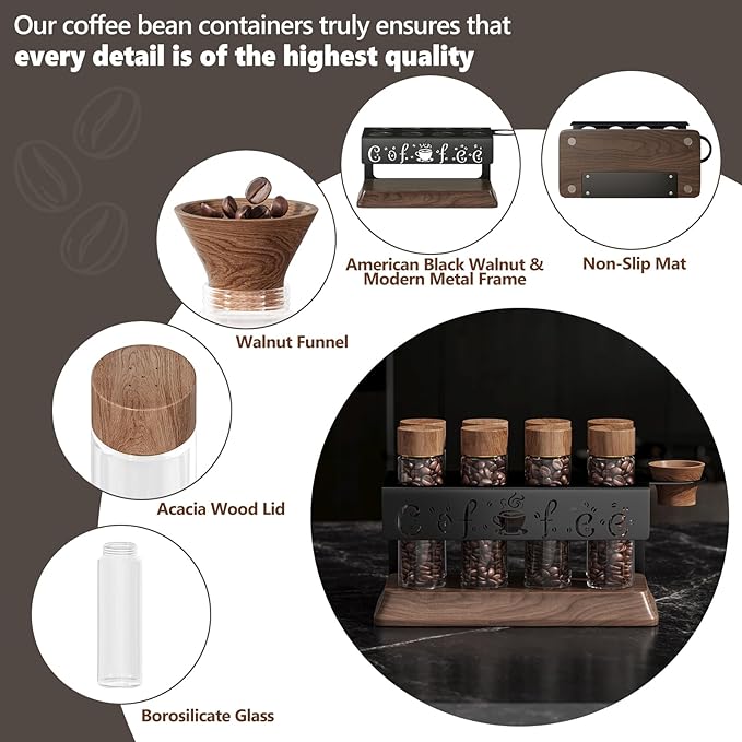 Single Dose Coffee Bean Storage Tubes with One-Way Exhaust Valve,Coffee Bean Container with American Walnut Wood Base,Funnel and Lids,Espresso Bean Storage with 8Pcs Glass Tubes