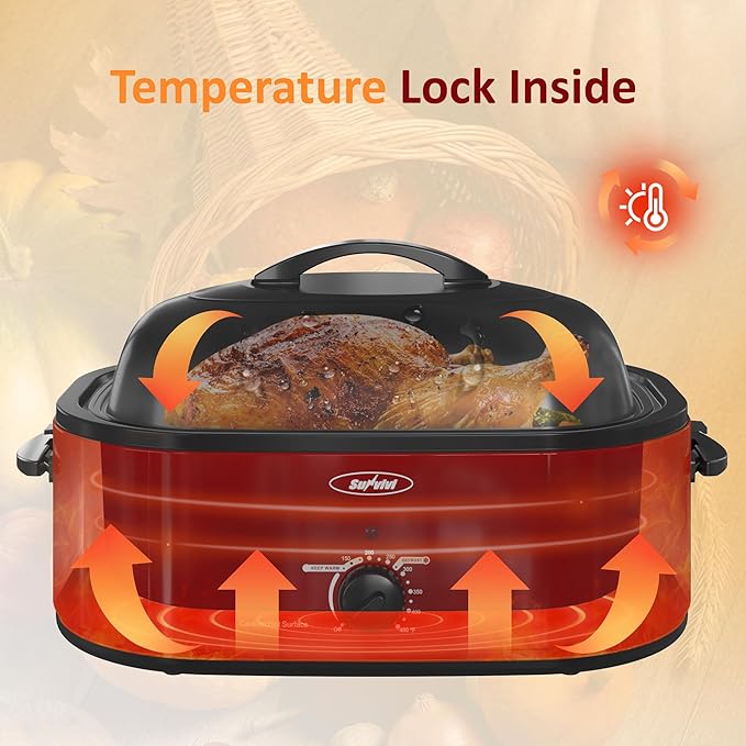 Sunvivi 18-Quart Roaster Oven with Self-Basting Lid, Electric Turkey Roaster Oven with Removable Pan and Rack, Stainless Steel, Red