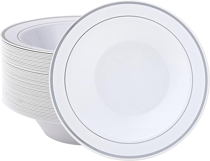 JOLLY PARTY 50 Plastic Bowls with Silver Rim-12oz Disposable Soup Bowls, Christmas Thanksgiving Premium Heavy Duty Plastic Dessert Bowls for Wedding/Party, Silver