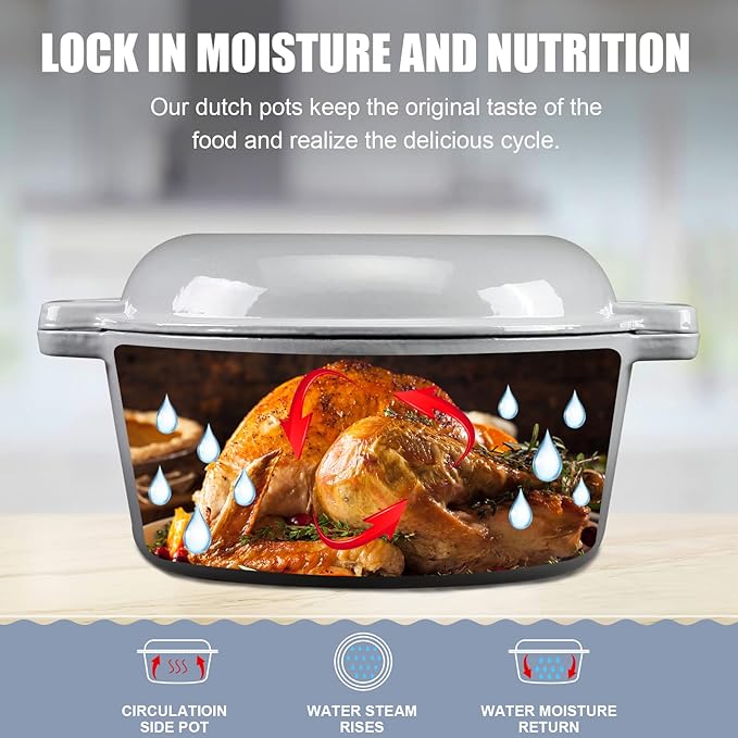 5Qt Dutch Oven, 2-In-1 Enamel Cast Iron Dutch Oven Pot with Skillet Lid, Heavy Duty Oven Safe Cookware for Sourdough Bread Baking Braising, Roasting Stewing Frying Simmering, Multi Stoves, Easy Clean (Gradient Grey)