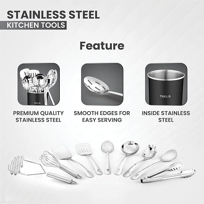 Avador® Premium Set of 10 Stainless Steel (BLACK HOLDER) Kitchen Tool Set with Holder Easy To Clean, Space Saving, Great for Cooking, Baking, Prepping (BLACK)