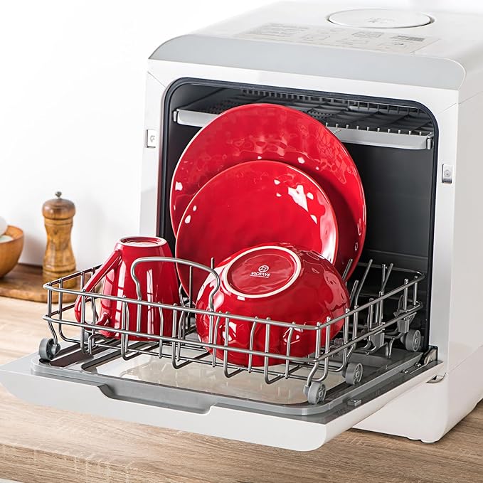 vicrays Ceramic Dessert Salad Plates, 8 Inch, Microwave, Oven, and Dishwasher Safe, Round, Porcelain Fluted Suitable for Snacks, Appetizer, Home, Party, Restaurant - Set of 6 Red