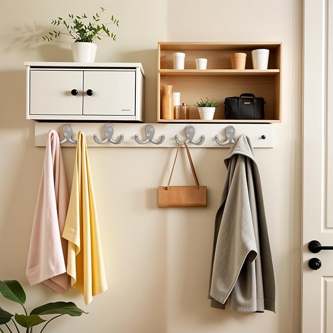Coat Hooks Wall Hooks for hanging - 8 pack Silver Double Prong Hook Wall Mounted - Great for Living Room, Kitchen, Bedroom for Coat, Bag, Scarf, Towel, Hat, Key, Cup,Sturdy, Durable, Rust-Resistant