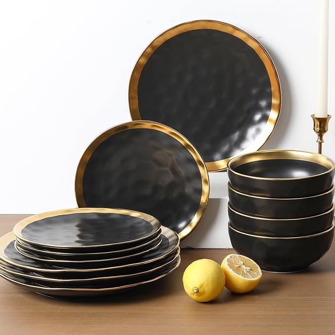 vicrays Ceramic Dinner Plates Set, 10 Inch, Set of 6, Round, Dishwasher Safe, NOT Microwave Safe, Suitable for Steak, Pasta, Home, Party, Restaurant（Black with Golden）