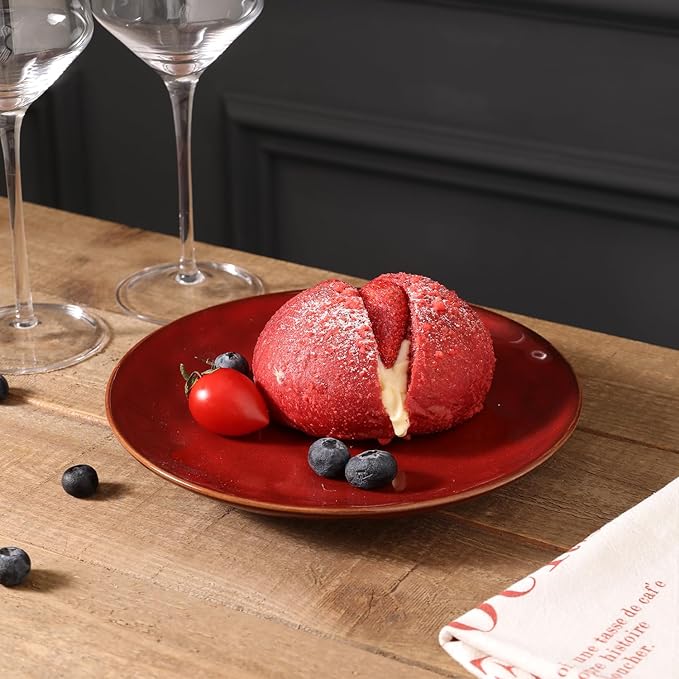 vicrays Ceramic Dessert Salad Plates, 8 Inch, Set of 6, Round, Microwave, Oven, and Dishwasher Safe, Scratch Resistant, Porcelain Fluted Suitable for Snacks, Appetizer, Home, Restaurant (Cherry Red)