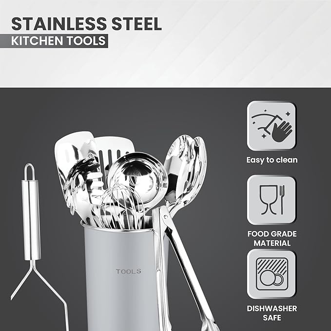 Avador® Premium Set of 10 Stainless Steel (GREY HOLDER) Kitchen Tool Set with Holder Easy To Clean, Space Saving, Great for Cooking, Baking, Prepping (GREY)