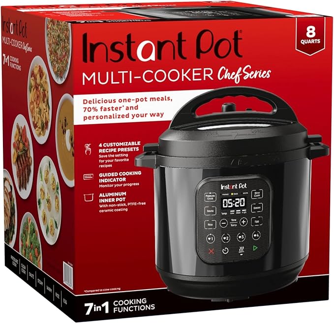 Instant Pot 8-Quart RIO Chef Series 7-in-1 Multi-Cooker – Pressure Cook, Slow Cook, Rice, Steam, Sauté, Yogurt & Warm – Easy-Release Steam, Large Capacity, Nonstick Pot, Black