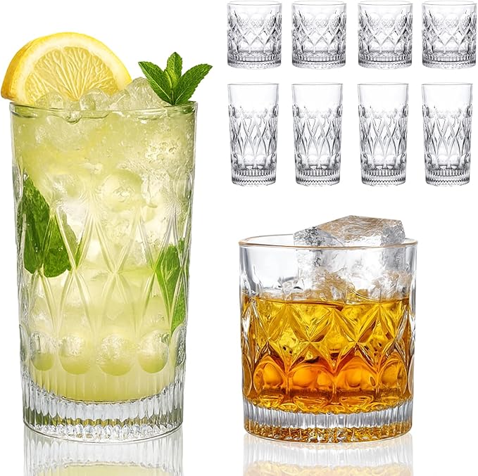 YULEER Drinking Glasses Set of 8, Glassware Drink Set, 4pcs 12oz Highballs and 4pcs 10oz Whiskey Glasses, Mixed Drinkware Easy to Clean for Whiskey, Cocktail, Margarita, and other Beverages