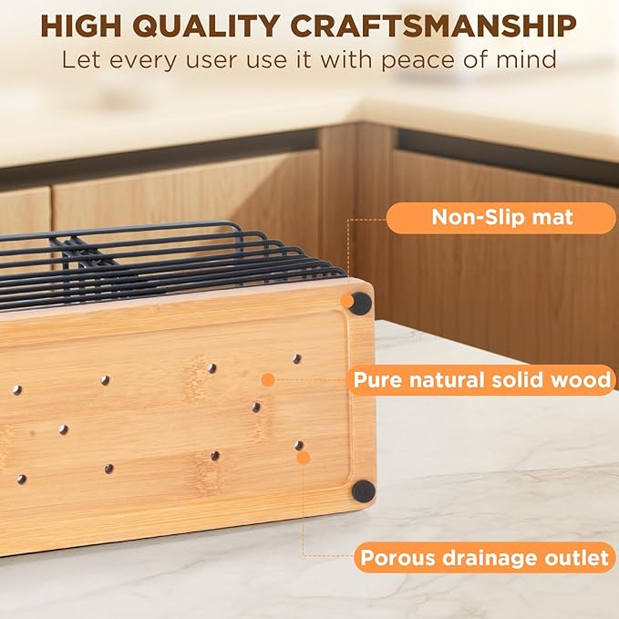510 Ft³ Metal Extra Large Kitchen Utensil Holder with Wooden Base, 4 Compartments Organizer for Kitchen Countertop Matte Black Holder with 4 Hooks for Cooking Utensils & Tools Storage