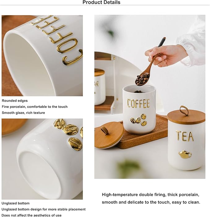 YYW Kitchen Canisters for Countertop, White Airtight Ceramic Canister with Seal Wooden Lid Storage Container for Coffee Bean Ground Coffee Sugar and Tea (White(sugar))