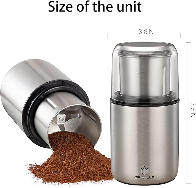 DR MILLS DM-7452 Electric Coffee Grinder,Spice Grinder Electric and chopper,detachable cup, diswash free, Blade & cup made with SUS304 stianlees steel