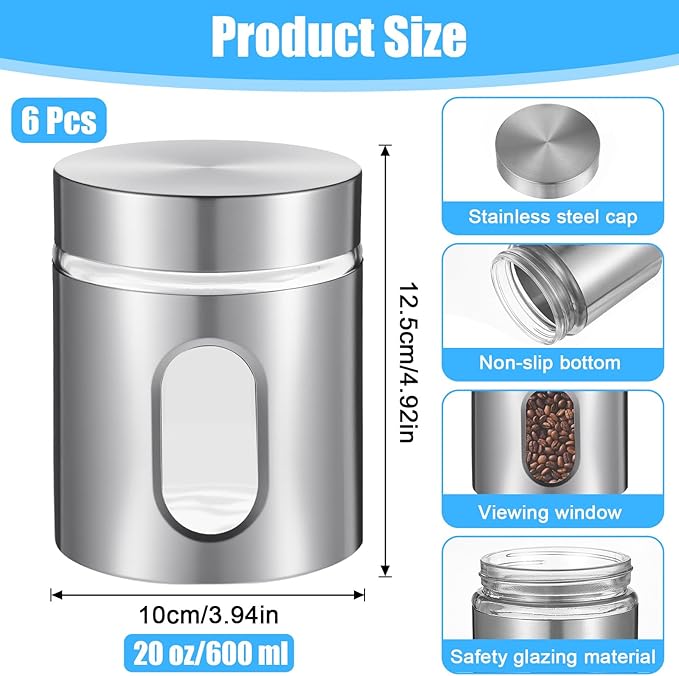 6 Pack Kitchen Canisters Set 20 oz Stainless Steel Canisters with Window Glass and Lids Airtight Coffee Sugar Tea Candy Storage Jars Food Storage Container for Flour Cookies Spices Grains
