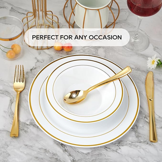 JOLLY PARTY 50PCS Plastic Bowls with Gold Rim-12oz disposable Soup Bowls, Christmas Thanksgiving Premium Dessert Salad Bowl for Wedding/Party