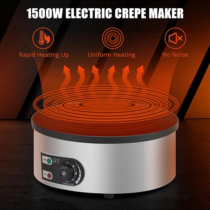 16" Commercial Electric Crepe Maker - 1500W Pancake Maker Griddle Nonstick Plate & Stainless Steel Round Base - Adjustable Temp Control 110V Electric Crepe Machine for Blintzes Eggs Bacon