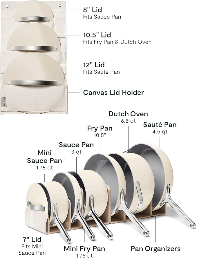 Caraway Deluxe Nonstick Ceramic Cookware Set (16 Piece) Pots, Frying Pans, Lids and Kitchen Storage - PFAS & PFOA Free - Oven Safe Ceramic Pan Set & Compatible with All Stovetops - Cream