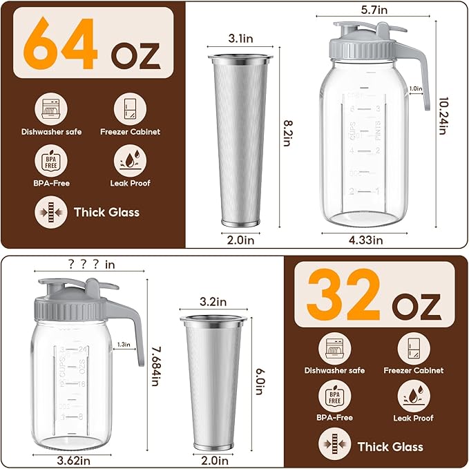 Cold Brew Coffee Maker Jar - 2 Pack 64 oz/32 oz Glass Cold Brew Maker with Handle, Stainless Steel Filter & Leak-Proof Lid, Heavy Duty Cold Brew Pitcher for Iced Coffee, Sun Tea, and Milk