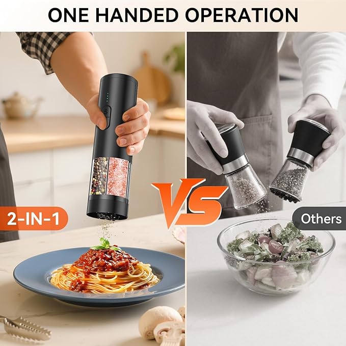 2 in 1 Electric Salt and Pepper Grinder Set, USB Rechargeable, Automatic Salt and Pepper Mill Shakers with LED Light, Battery Display, Adjustable Coarseness, Ideal for Kitchen Outdoor BBQ Gift