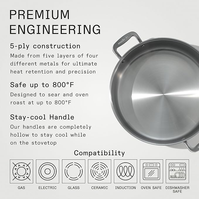 Made In Cookware - 10 Quart Stainless Steel Rondeau Pot w/Lid - 5 Ply Stainless Clad - Professional Cookware - Crafted in Italy - Induction Compatible