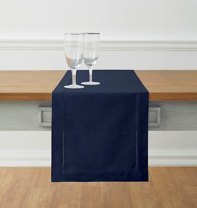 Solino Home Navy Table Runner 120 Inches Long - Cotton Linen Hemstitch 14 x 120 Inch Table Runner for Dining, Summer, Fall, Autumn