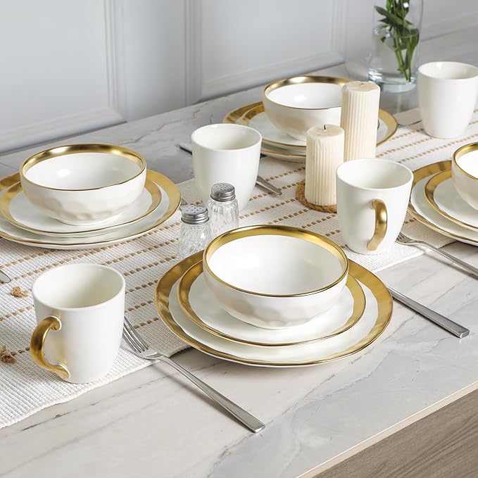 vicrays Ceramic Dessert Salad Plates, 8 Inch, Set of 6, Round, Dishwasher Safe, NOT Microwave Safe, Scratch Resistant, Suitable for Appetizer, Home, Restaurant (White with Golden)