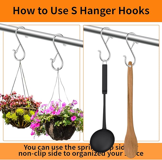 24 PCS S Hooks for Hanging with Safety Buckle, 3.5 inch Heavy Duty Metal S Shaped Hooks for Kitchen Utensil, Cups, Pots, Plants, Bags, Hats (Silver)