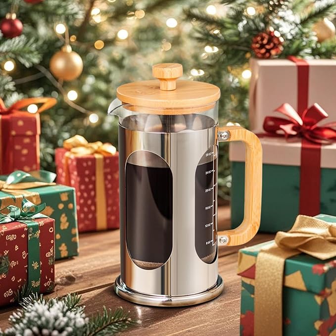 Sivaphe No-Plastic French Press Coffee Maker 34 oz, Borosilicate Glass Bamboo Lid and Handle Coffee Tea Press 8 cup, 1000ml Coffee Milk Forther with Stainless Steel Holder and Resuable Filters