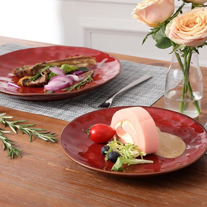 vicrays Ceramic Dessert Salad Plates, 8 Inch, Set of 6, Round, Microwave, Oven, and Dishwasher Safe, Scratch Resistant, Porcelain Fluted Suitable for Snacks, Appetizer, Home, Restaurant (Cherry Red)