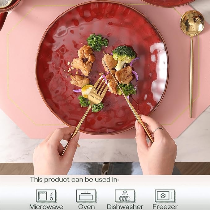 vicrays Ceramic Dessert Salad Plates, 8 Inch, Set of 6, Round, Microwave, Oven, and Dishwasher Safe, Scratch Resistant, Porcelain Fluted Suitable for Snacks, Appetizer, Home, Restaurant (Cherry Red)