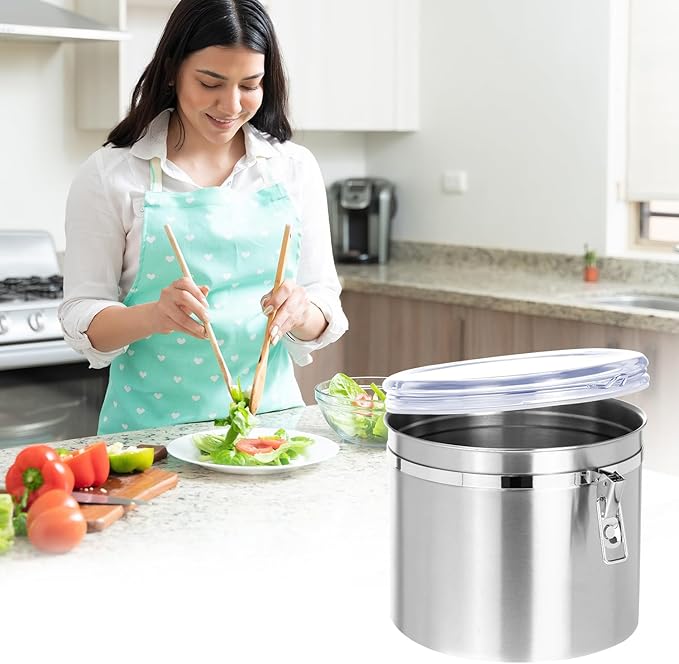 QWORK 160oz Stainless Steel Airtight Canister with Clear Lid for Kitchen Storage | Large Metal Pantry Storage Canister for Coffee Beans, Flour, Tea, Sugar, Cereals