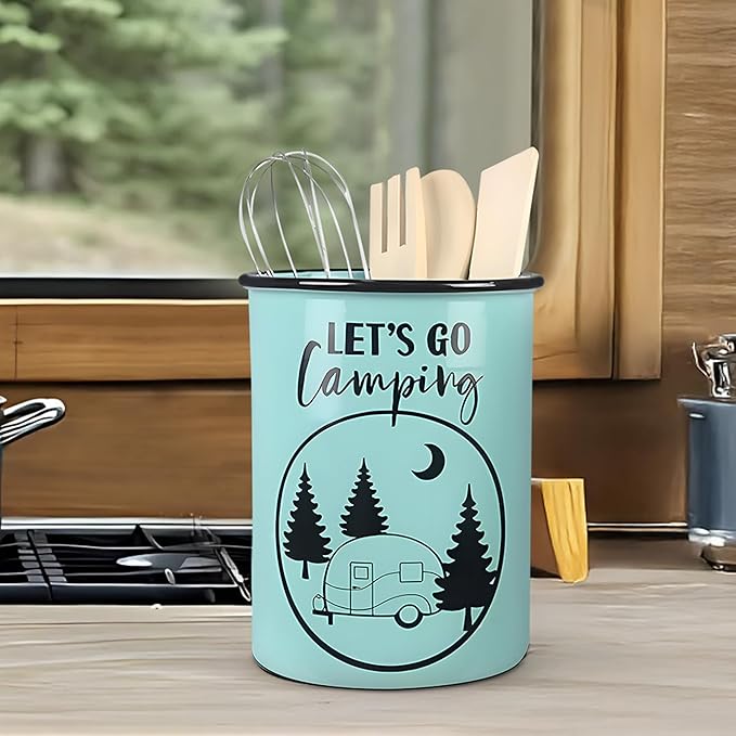 Young's Inc Modern Design Tool Holder with Wood Kitchen Tools, Ceramic Utensil Holder for Kitchen Counter, Cooking Spoon & Spatula Holder for Counter with Utensils, 6-inch Height
