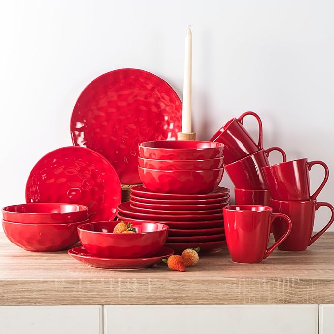vicrays Ceramic Dinner Plates Set, 10 Inch, Microwave, Oven, Dishwasher Safe, Round, Porcelain Fluted Suitable for Steak, Pasta, Pizza, Home, Restaurant - Set of 6 Red