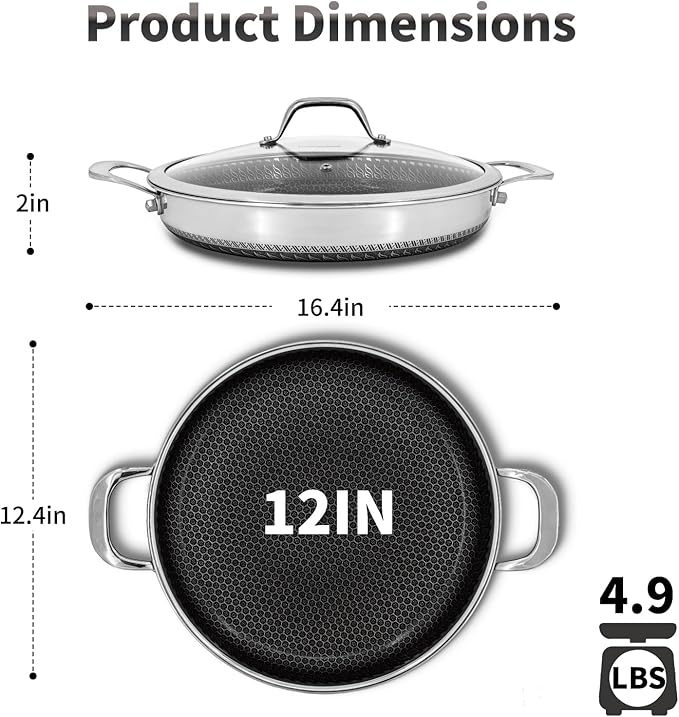Hybrid Nonstick Skillet with Lid 12 Inch, Stainless Steel Paella Pan with Two Handles Multi-Functional Pan Dishwasher and Oven Safe