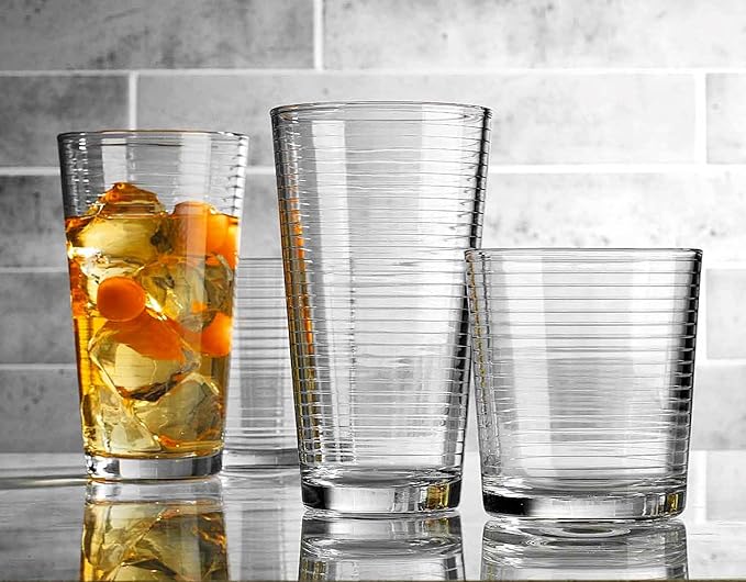 Glaver's Drinking Glasses Set of 12. Everyday Mixed Drinkware Set. 6, 17 oz Tall Kitchen Glass Cups, 6,13 Oz Rocks Whiskey Glasses. Heavy Duty Ribbed Glassware Set for Cocktail Beer, Juice, Water.