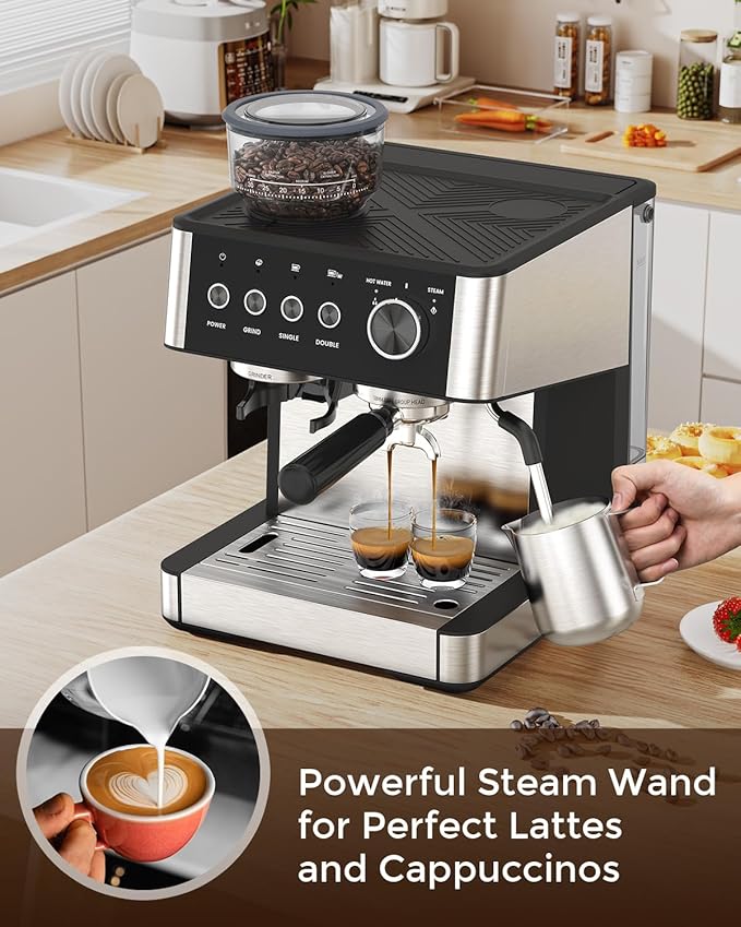 (2025 Upgrade) 20 Bar Espresso Machine with Built-in Anti-Clog Coffee Grinder, Expresso Coffee Machines with Milk Steam Wand/Frother/Tamping Tools,Espresso Maker with Grinder for Lattes, Cappuccinos