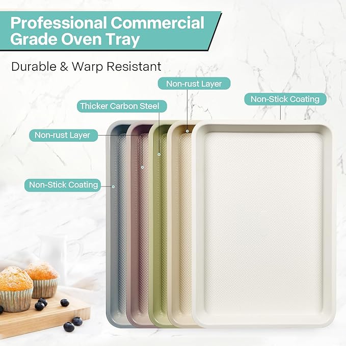 3-Pack Blue Ceramic-Coating Baking Sheet Pans, PFOA/PFOS/PTFE-Free Nonstick Cookie Sheet Trays, 0.8mm Thick Heavy Duty, with Diamond Texture, Replacement Toaster Oven Tray for Everyday Baking