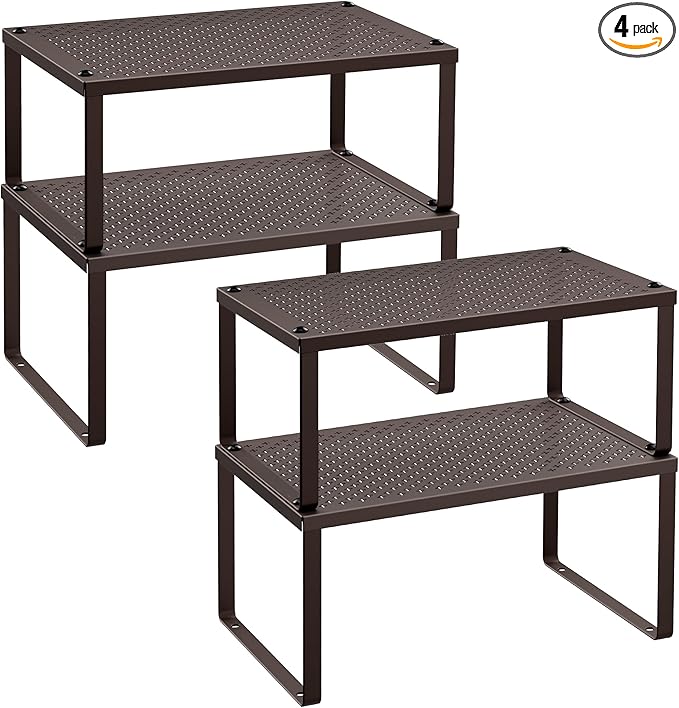 SONGMICS Spice Racks, Set of 4 Metal Cabinet Shelf Organizers, Countertop Organizers, Shelf Risers, Stackable, Expandable, Brown UKCS06BR