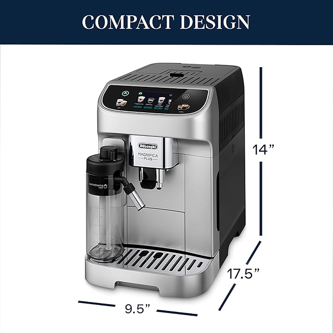De'Longhi Magnifica Plus Fully Automatic Espresso Machine - Brew 18+ One Touch Coffee Recipes for up to 4 User Profiles, Automatic Milk Steam Wand & Built-in Grinder, Touchscreen Display