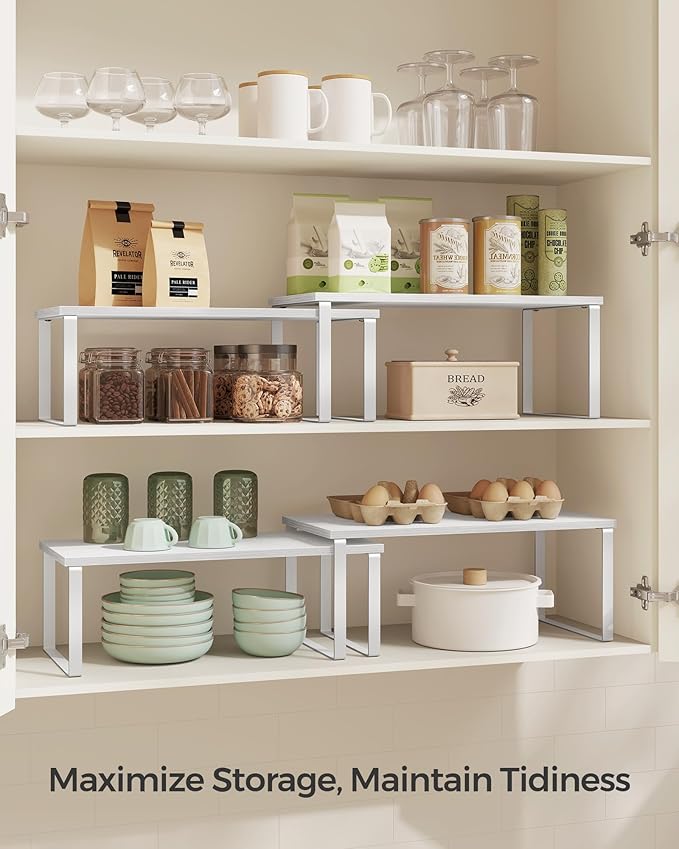 SONGMICS Cabinet Organizer Shelf, Set of 4 Kitchen Counter Shelves, Kitchen Storage, Spice Rack, Stackable, Expandable, Metal and Engineered Wood, Cloud White and Snow White UKCS028W01