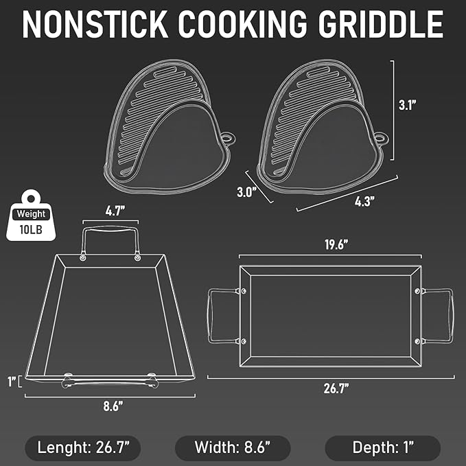 Utheer Upgraded Nonstick Cast Iron Griddle for Gas Grill, 26.7 x8.6" Double Burner Griddle Flat Top Grill Plate for Gas/Electric/Charcoal, Lightweight, Durable, Easy to Clean, for Stovetop,Camping,BBQ
