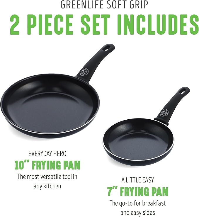 GreenLife Soft Grip 7" and 10" Frying Pan Set, Healthy Ceramic Nonstick, Non Toxic PFAS & PFOA-Free, Dishwasher Safe, Egg Omelet Skillet, Cookware for Easy Cooking, Kitchen Essentials, Black