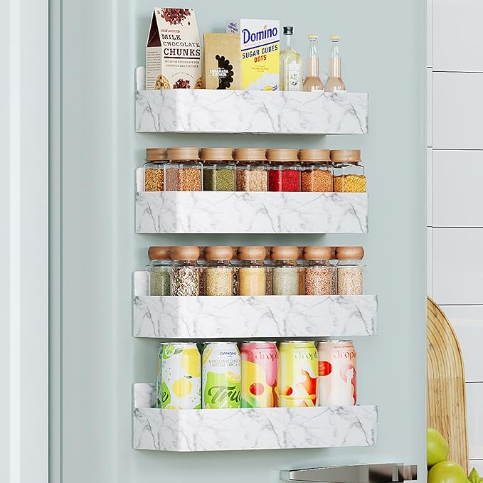 Magnetic Spice Rack for Refrigerator, Kitchen Organizer and Storage Shelf, Marble(4 Pack)